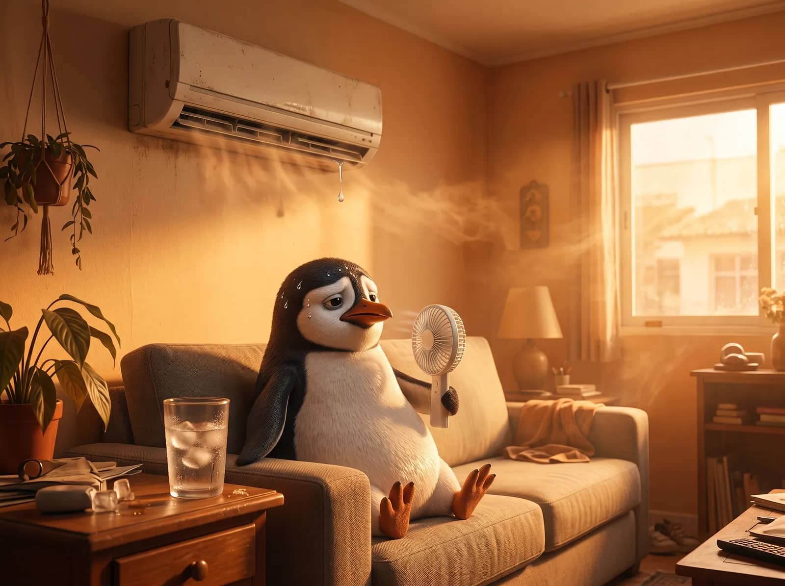 Pinguim com calor diante de um ar-condicionado que não gela
